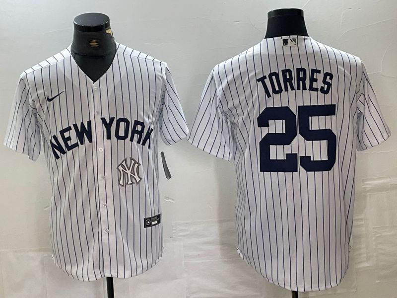 Men New York Yankees #25 Torres White Stripe Game Nike 2024 MLB Jersey style 2